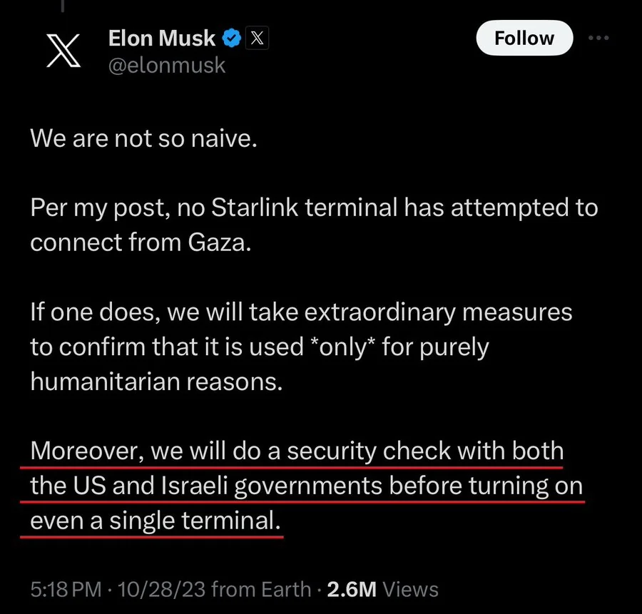 Internet service to Gaza - Elon Musk